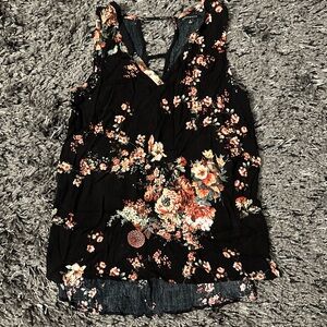 Staccato Floral Tank Top - Black and Coral